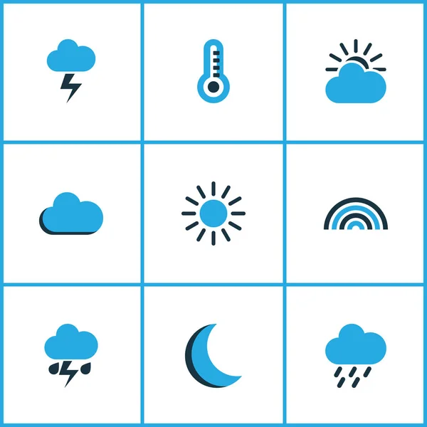 Set di icone colorate di meteorologia. Collezione di arco, termometro, nebbia e altri elementi. Include anche simboli come luna, sole, estate . — Vettoriale Stock