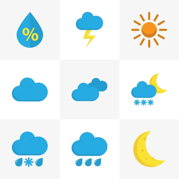 Clima Conjunto de iconos planos. Colección de nublado, nube, lloviznas y otros elementos. También incluye símbolos como nube, nublado, nublado . — Archivo Imágenes Vectoriales