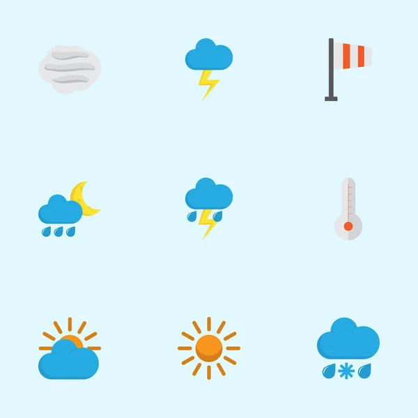 Meteorología Set de iconos planos. Colección de relámpagos, sol, sol y otros elementos. También incluye símbolos tales como nube, caliente, viento . — Archivo Imágenes Vectoriales
