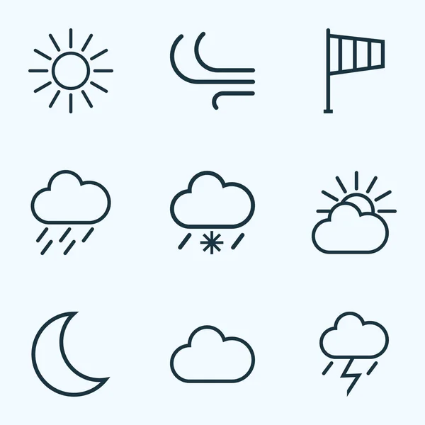 Meteorologie contouren Set. Collectie van Windzak, maan, bliksem en andere elementen. Ook bevat symbolen zoals koude, bewolkt, Moon. — Stockvector