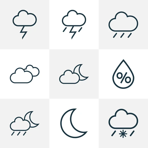 Clima Outlines Set. Collezione di pioggia, tempesta, notte e altri elementi. Include anche simboli come temporale, tempo, nuvoloso . — Vettoriale Stock