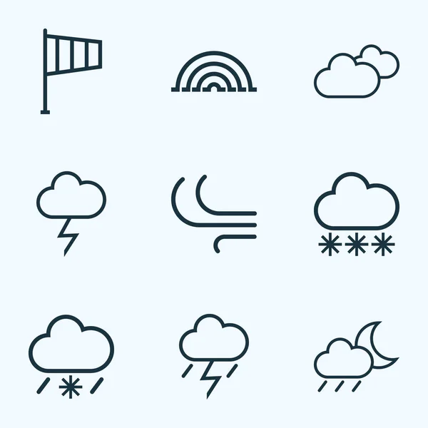 Clima Outlines Set. Collezione di pioggia innevata, nuvoloso, Brezza e altri elementi. Include anche simboli come nevicate, piogge, variegazioni . — Vettoriale Stock