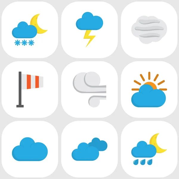 Météorologie Set d'icônes plates. Collection de bannières, nuages, tempêtes et autres éléments. Comprend également des symboles tels que douche, grêlons, ciel . — Image vectorielle