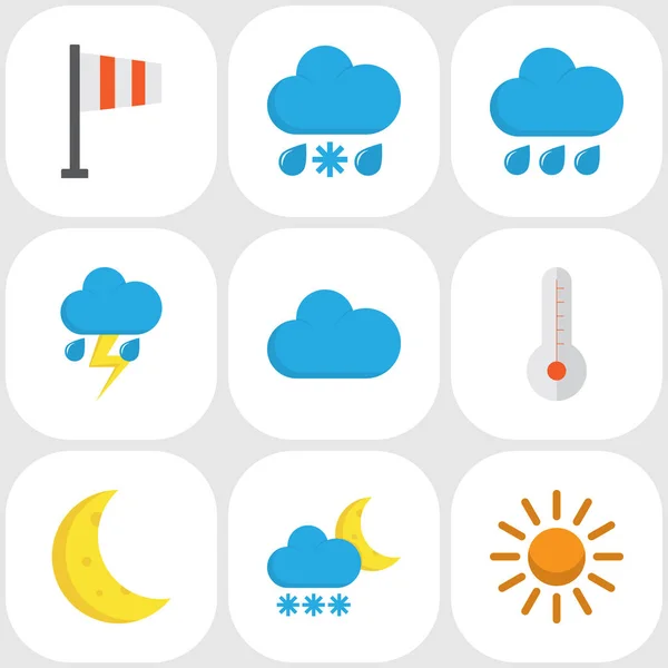 Weather Flat Icons Set. Raccolta di nuvole, banner, Drizzles e altri elementi. Include anche simboli come sole, pioggia, colori . — Vettoriale Stock