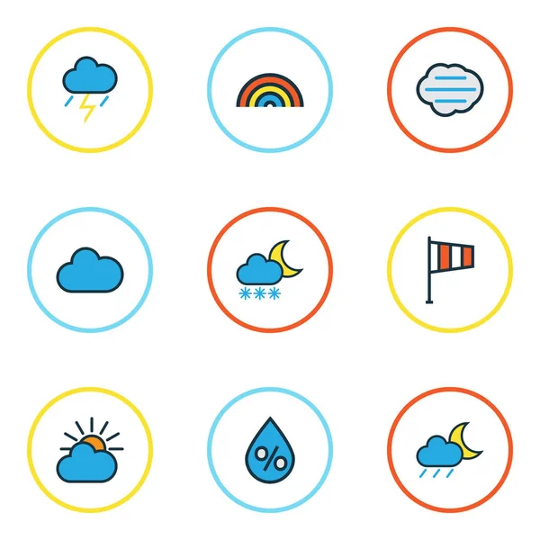 İklim renkli anahatlar ayarla. Fırtına, Thunderstroke, bulutlu gün ve diğer öğeleri koleksiyonu. Kıpırdama, gökkuşağı, damla gibi semboller de içerir.
