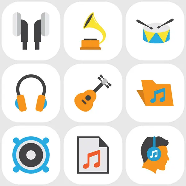 Muziek platte Icons Set. Collectie van luidspreker, Band, Shellac elementen. Ook symbolen zoals luistergedeelte, Media, gitaar. — Stockvector