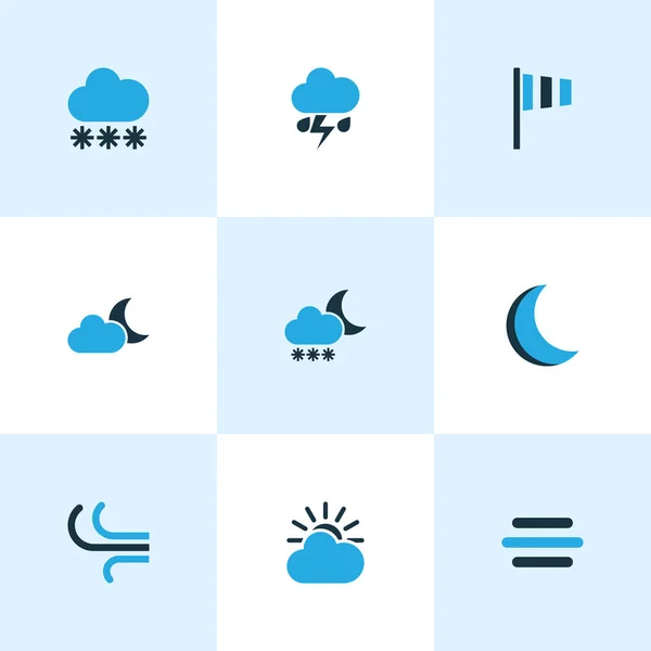 Conjunto de ícones coloridos meteorológicos. Coleção de noite, nevasca, velocidade do vento e outros elementos. Também inclui símbolos como luar, nublado, vento . —  Vetores de Stock