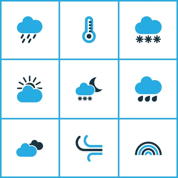 Набор разноцветных иконок. "Collection Of Rainstorm, Overcast, Rainfall And Other Elements". Also Includes Symbols such as Winter, Overcast, Breeze . — стоковый вектор