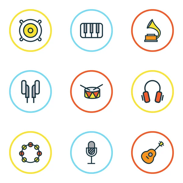 Ses renkli anahatlar küme. Varil, Earphones, anahtarları ve diğer öğeleri koleksiyonu. Ayrıca Timbrel, piyano, müzik gibi simgeler içerir.