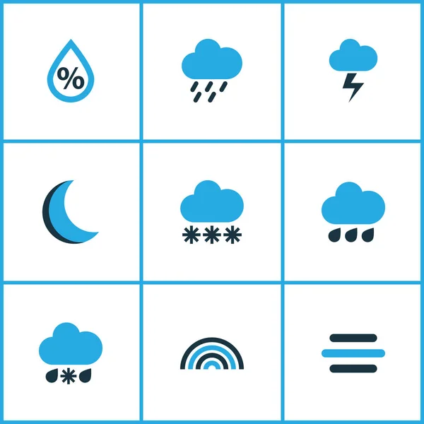 Meteorológia színes ikonok beállítása. Havazás, hideg időjárás, Arc és más elemek gyűjteménye. Magában foglalja a szimbólumok, mint például Bolt, széllökés, szél. — Stock Vector