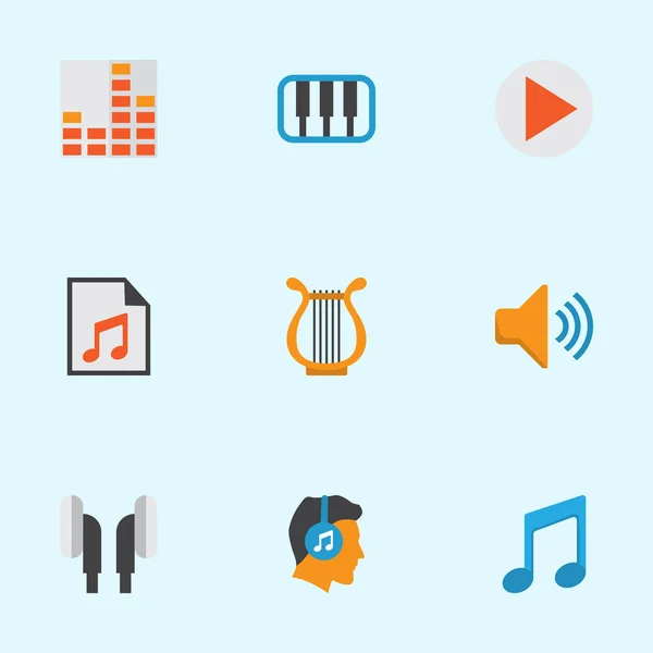 Muziek platte Icons Set. Collectie van Toon, Media, controlerende en andere elementen. Ook symbolen zoals lijst, opmerking, Begin. — Stockvector
