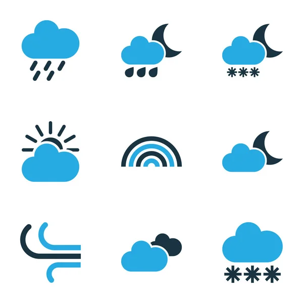 Doğa Icons Set renkli. Rüzgar, Arc, bulutlu ve diğer öğeleri koleksiyonu. Ayrıca, güneş, kar yağışı, bulutlu gibi simgeler içerir. — Stok Vektör