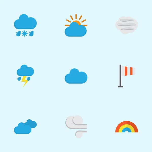 Klimaat platte Icons Set. Collectie van winderige en zonnige, wolk en andere elementen. Ook symbolen zoals winderig, zonnige, wolken. — Stockvector