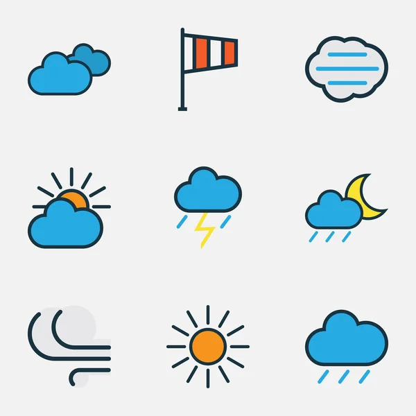 Set di contorni colorati di meteorologia. Collezione di Thunderstroke, Tempest, Sunshine e altri elementi. Include anche simboli come tempesta, pioggia, grandine . — Vettoriale Stock