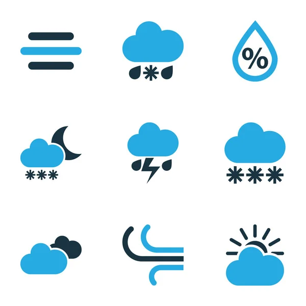 Set di icone colorate di meteorologia. Collezione di umidità, vento, nuvoloso e altri elementi. Include anche simboli come Blizzard, Umidità, Nuvoloso . — Vettoriale Stock