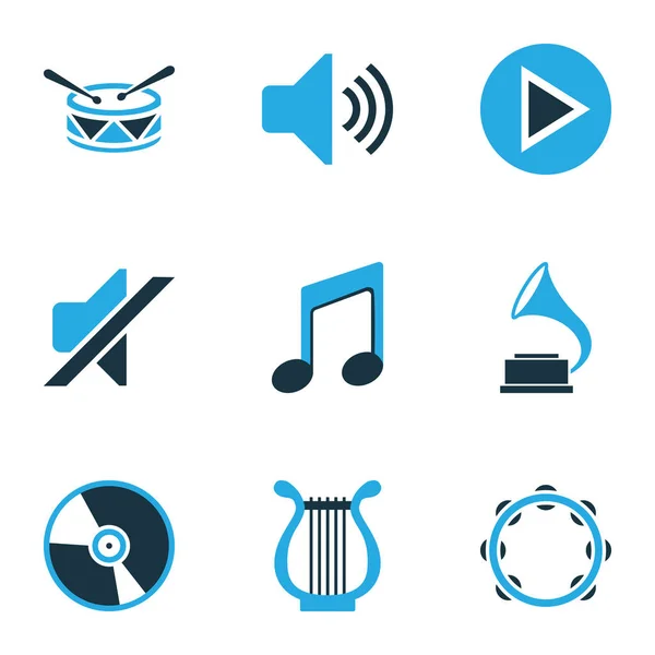 Muziek gekleurde Icons Set. Collectie van Volume, Mute, spelen en andere elementen. Ook bevat symbolen zoals grammofoonplaten, Cd, Start. — Stockvector