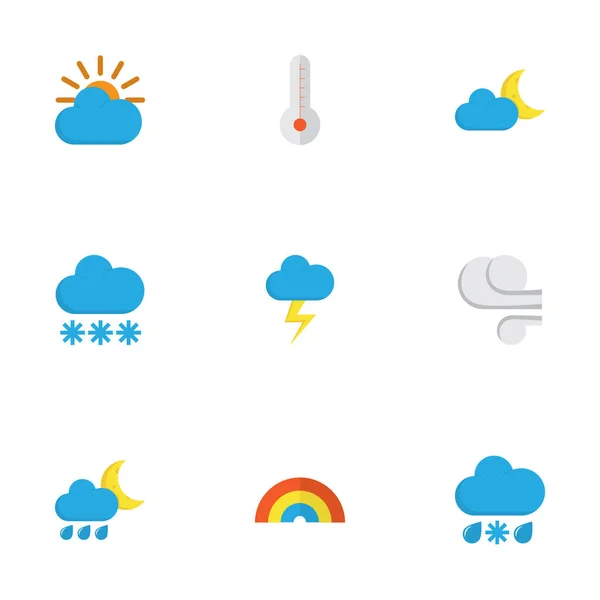 Weather Flat Icons Set. Collection Of Sunny, The Flash, Snow And Other Elements. Also Includes Symbols Such As Cloud, Winter, Storm. — Stock Vector