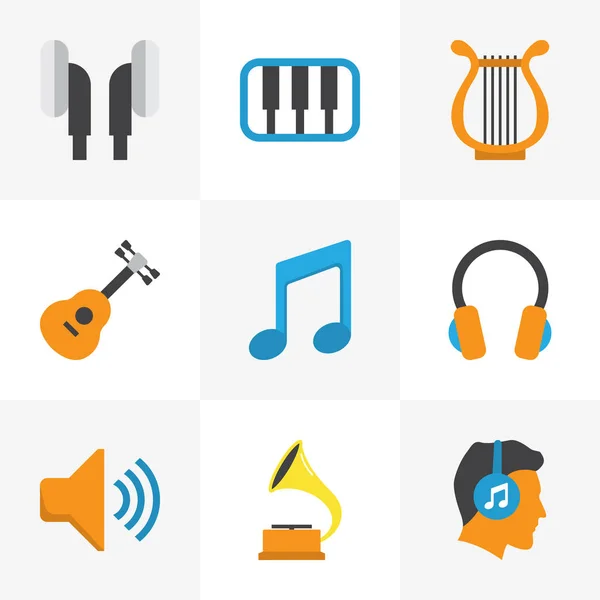Sada audio plochý ikony. Kolekce ze sluchátka, chrániče sluchu, zvuku a dalších prvků. Také zahrnuje symboly jako muzikál, kytara, hlas. — Stockový vektor