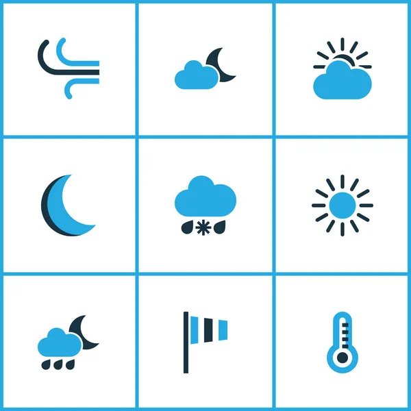 Naturfarbene Symbole gesetzt. Sammlung von Mondschein, Windgeschwindigkeit, Wind und anderen Elementen. enthält auch Symbole wie Sonne, Böen, Temperatur. — Stockvektor