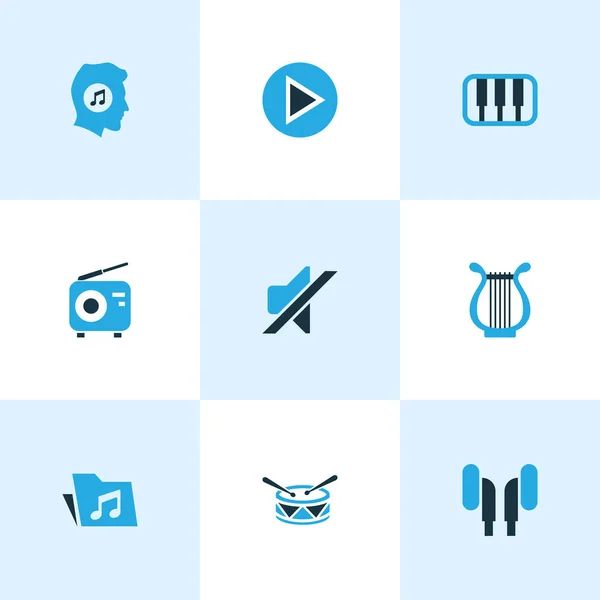 Muziek gekleurde Icons Set. Collectie van muziekliefhebber, Harp, Mute en andere elementen. Ook symbolen zoals Silent, Start, Piano. — Stockvector