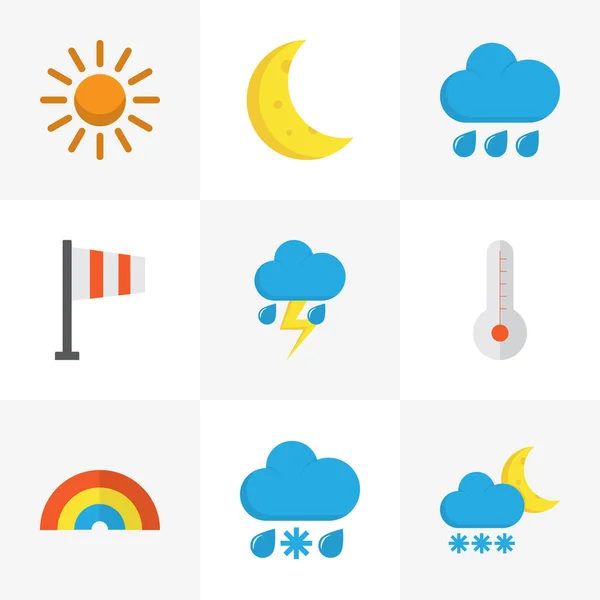 Clima Conjunto de iconos planos. Colección de Temperatura, Sol, Luna y Otros Elementos. También incluye símbolos como la lluvia, la temperatura, el arco . — Vector de stock