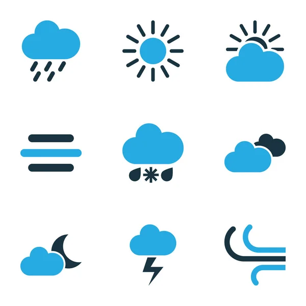 Ensemble d'icônes de couleur climatique. Collection de vent, ensoleillé, ciel nuageux et autres éléments. Comprend également des symboles tels que tempête de pluie, boulon, vent . — Image vectorielle