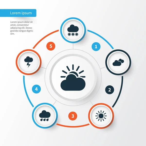 Meteoroloji Icons Set. Güneş topluluğu, karlı, güneş-bulut ve diğer öğeler. Ayrıca bulutlu, salgın, bulut gibi simgeler içerir.