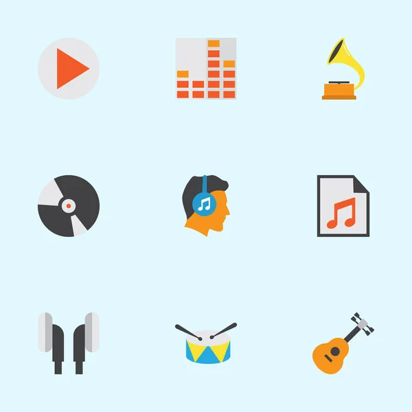 Conjunto de iconos planos de música. Colección de botón, control, medios de comunicación y otros elementos. También incluye símbolos tales como gramófono, disco, tambor . — Archivo Imágenes Vectoriales