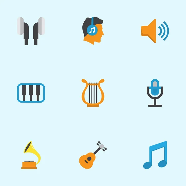 Audio Flat Icons Set. Коллекция фортепиано, сонаты, наушников и других элементов. Also Includes Symbols such as earpiece, Tone, Shellac . — стоковый вектор