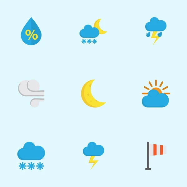 Meteorologie flache Symbole gesetzt. Sammlung von Blitz, Blitz, Mond und anderen Elementen. enthält auch Symbole wie Tropfen, Winter, Blitz. — Stockvektor