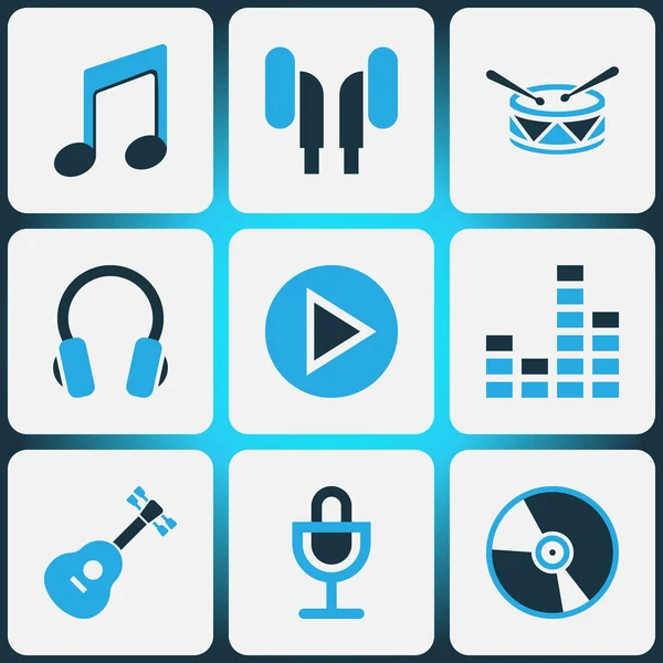 Sada audio barevné ikony. Kolekce, kytara, Mixer, hry a další prvky. Zahrnuje také symboly jako je hudba, ovládání, sluchátka. — Stockový vektor