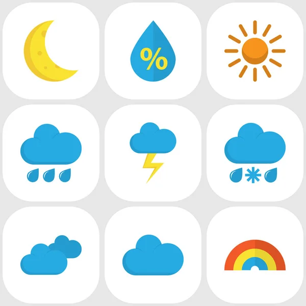 Éghajlat lapos ikonok beállítása. Íj, eső, csepp, és más elemek gyűjteménye. Magában foglalja a szimbólumok, mint a nap, Crescent, csepegtető. — Stock Vector