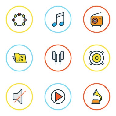 Multimedya renkli anahatlar küme. Ses, Set, oyun ve diğer öğeleri koleksiyonu. Ayrıca sembolleri gibi içerir, sessiz açık, kapalı.
