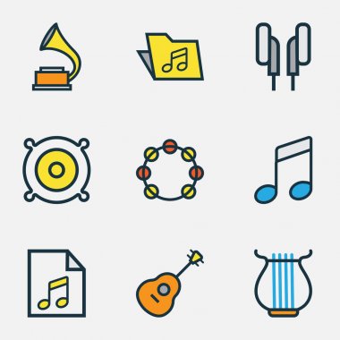 Ses renkli anahatlar küme. Şablon, ses, kulaklık ve diğer öğeleri koleksiyonu. Ayrıca Timbrel, gitar, tef gibi simgeler içerir.