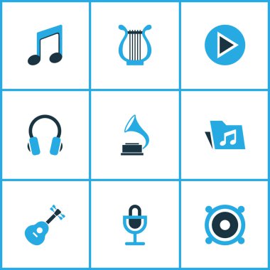 Multimedya renkli simgeler kümesi. Kulaklık, ARP, oyun ve diğer öğeleri koleksiyonu. Ayrıca dosyası, hoparlör, gitar gibi simgeler içerir.