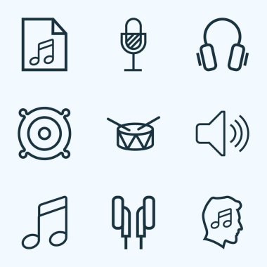 Müzik ana hatlarıyla seti. Kulaklık, kapak, varil ve diğer öğeleri koleksiyonu. Ayrıca hoparlör, hacim, aygıt gibi simgeler içerir.