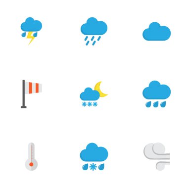 İklim düz simgeler kümesi. Yıldırım, sıcaklık, Drizzles ve diğer öğeleri koleksiyonu. Ayrıca yıldırım, kar fırtınası, yağmur gibi simgeler içerir.
