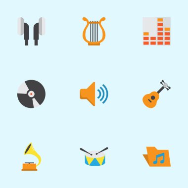 Müzik düz simgeler kümesi. Sonata, kontrol, portföy ve diğer öğeleri koleksiyonu. Ayrıca Dj, enstrüman, gramofon gibi simgeler içerir.