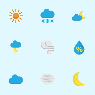Meteoroloji düz simgeler kümesi. Güneş, flaş, damla ve diğer öğeleri koleksiyonu. Ayrıca Rüzgar, Moon, hilal gibi simgeler içerir.