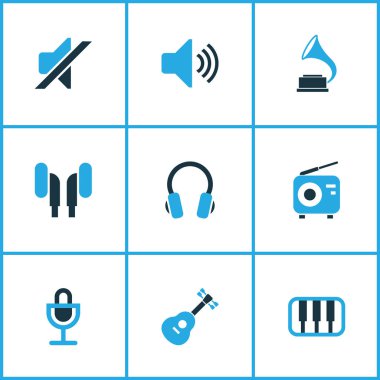 Multimedya renkli simgeler kümesi. Kulaklık, radyo, gramofon ve diğer öğeleri koleksiyonu. Hoparlör, radyo, sessiz gibi semboller de içerir.