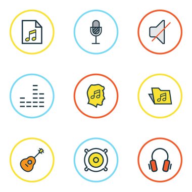 Multimedya renkli anahatlar küme. Sevgilisi, sessiz, amplifikatör ve diğer öğeleri koleksiyonu. Ayrıca liste, paket, fanatik gibi simgeler içerir.