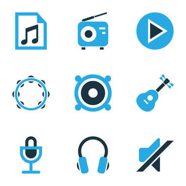 Ses renkli simgeler kümesi. Kulaklık, oyun, gitar ve diğer öğeleri koleksiyonu. Ayrıca Fm, düğme, müzikal gibi simgeler içerir.