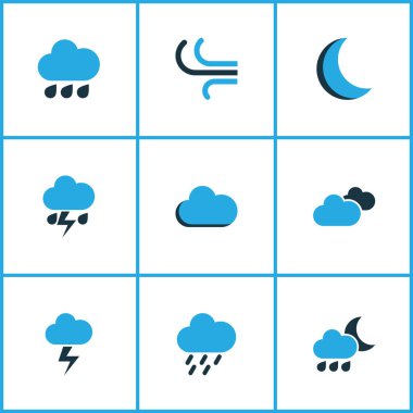 Hava renkli simgeler kümesi. Gece, yağmur fırtınası, yıldırım ve diğer öğeleri koleksiyonu. Ayrıca bulut, bulutlu, ay gibi simgeler içerir.