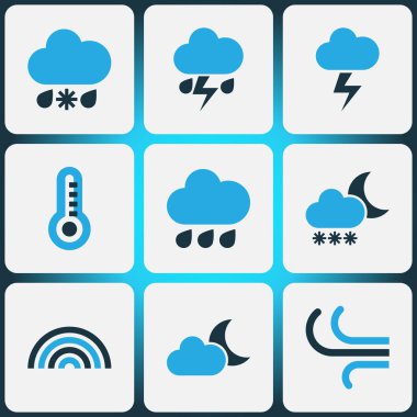 Meteoroloji Icons Set renkli. Fırtına, Arc, soğuk hava ve diğer öğeleri koleksiyonu. Ayrıca gökkuşağı, fırtına, termostat gibi simgeler içerir.