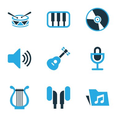 Müzik Icons Set renkli. Kulaklık, ses, Harp ve diğer öğeleri koleksiyonu. Mike, hoparlör, davul gibi semboller de içerir.