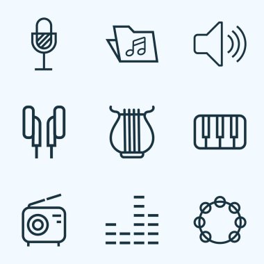 Müzik ana hatlarıyla seti. Amplifikatör, anahtarları, kablosuz ve diğer öğeleri koleksiyonu. Ayrıca müzik, kulaklık, tef gibi simgeler içerir.