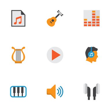 Multimedya düz simgeler kümesi. Kontrol, erkek, kulaklık ve diğer öğeleri koleksiyonu. Ayrıca başlangıç, Sonata, kulaklık gibi simgeler içerir.