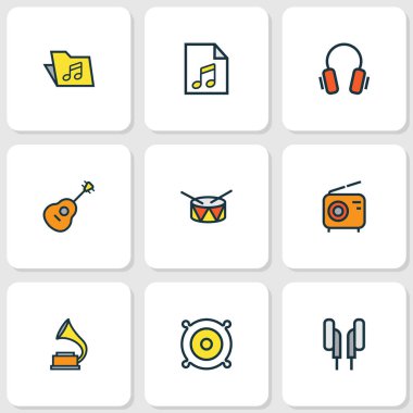Müzik renkli anahatlar ayarla. Set, hoparlör, kulaklık ve diğer öğeleri koleksiyonu. Ayrıca varil, klasör, enstrüman gibi simgeler içerir.