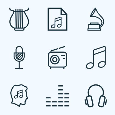 Multimedya özetliyor ayarlayın. Melodi, kapak, yaylı ve diğer öğeleri koleksiyonu. Ayrıca melodi, Mikser, Soundtrack gibi simgeler içerir.