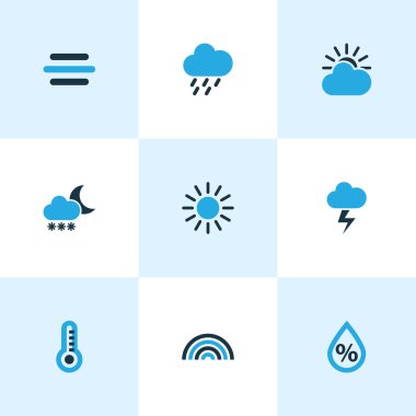 Doğa Icons Set renkli. Blizzard, yağmur fırtınası, termometre ve diğer öğeleri koleksiyonu. Ayrıca yıldırım, yaz, yağmur gibi simgeler içerir.
